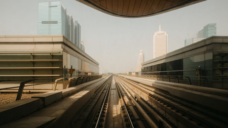 View from first railway carriage. Dubai city metro in the downtown