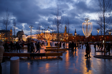 Moscow, Russia - January 07, 2018: Zaryadye park with christmas decoration in city Moscow in January. Russia in the winter duskのeditorial素材