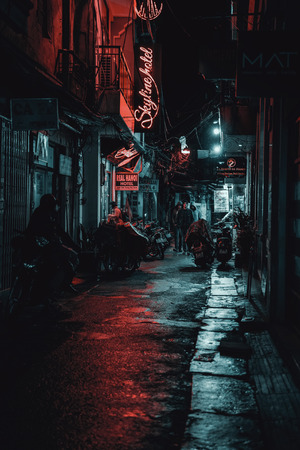 Hanoi, Vietnam - December 08, 2018: Hanoi city center street old town district at nightのeditorial素材