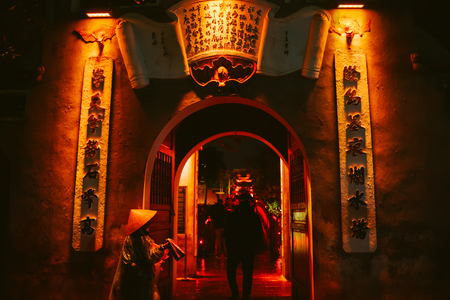Ngoc Son Temple. Hanoi city old town at night, Vietnamのeditorial素材
