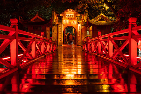 Ngoc Son Temple. Hanoi city old town at night, Vietnamのeditorial素材