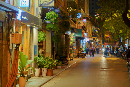 Hanoi, Vietnam - December 14, 2018: Hanoi city center street at old town quarter at nightのeditorial素材