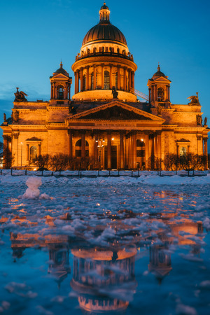 Saint Isaac's Cathedral in St. Petersburg city in the duskの写真素材