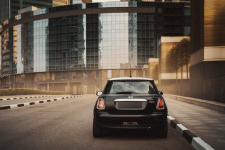 Moscow, Russia - April 27, 2019: MINI Cooper car is parked near office buildings at International...