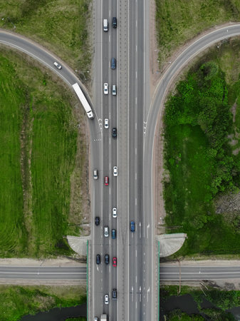Road highway, drone aerial top view to car countryside traffic