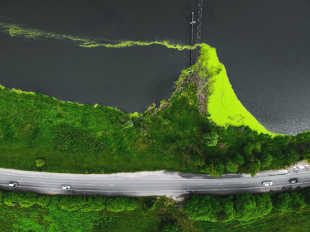 Nature landscape, drone aerial top view to lakeの写真素材