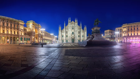 Milan Piazza del Duomo square. City center illuminated at night. Milano, Italy