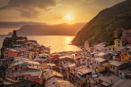 Vernazza town in Cinque Terre at sunset, Italy in the summer