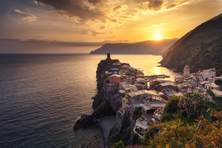 Vernazza town in Cinque Terre at sunset, Italy in the summer