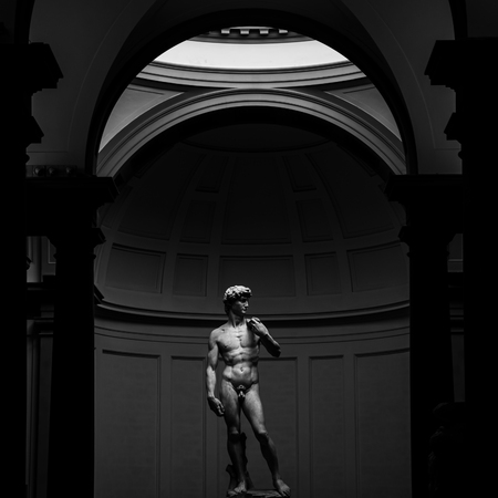 Marble statue David by Michelangelo in Accademia Gallery in Florence, Italy. Black and white tonedのeditorial素材