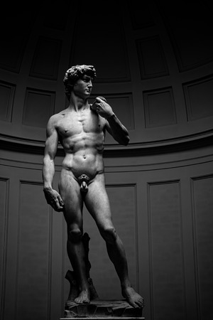 Marble statue David by Michelangelo in Accademia Gallery in Florence, Italy. Black and white tonedのeditorial素材