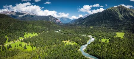 Panoramic nature mountains landscape in the summer day. Aerial drone view from aboveの写真素材