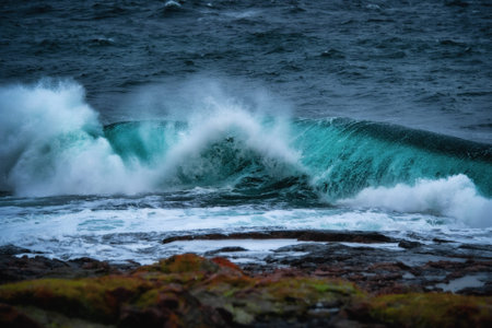 Stormy waves at Barents Sea, Arctic Ocean. Kola Peninsula, Murmansk region in Russiaの写真素材