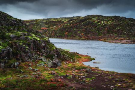 Tundra nature colorful landscape at Kola Peninsula in the autumn. Murmansk Region in Northern Russiaの写真素材