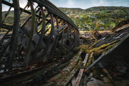Abandoned ships cemetery at low tide near Teriberka village in Murmansk Region. Kola peninsula, Northern Russiaの写真素材