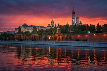 Moscow, Russia. Empty streets in the city center due quarantine COVID-19. Kremlin at sunsetの写真素材
