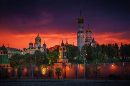 Moscow, Russia. Empty streets in the city center due quarantine COVID-19. Kremlin at sunsetの写真素材