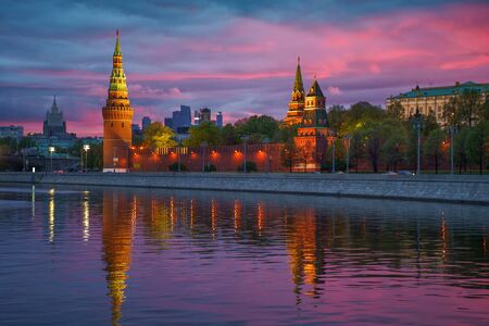 Moscow, Russia. Empty streets in the city center due quarantine COVID-19. Kremlin at sunsetの写真素材