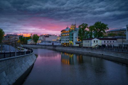 Moscow, Russia - May 08, 2020: Empty streets in the city center due quarantine COVID-19 at sunsetのeditorial素材
