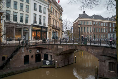 Utrecht, Netherlands - March 8, 2020: People are walking on the street in Utrecht city center old townのeditorial素材