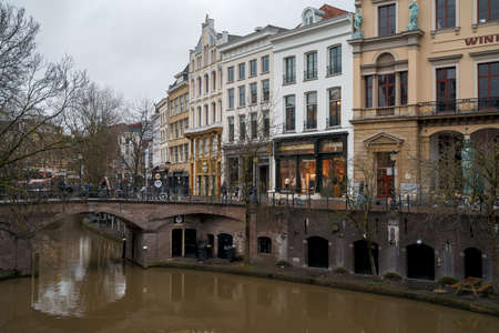 Utrecht, Netherlands - March 8, 2020: People are walking on the street in Utrecht city center old townのeditorial素材