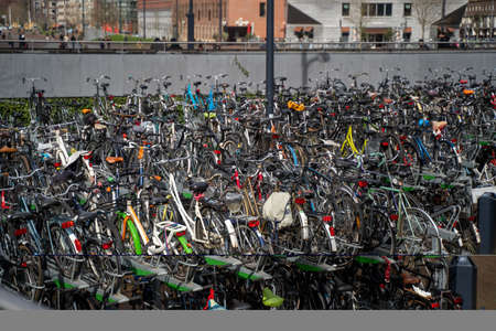 Rotterdam, Netherlands - March 9, 2020: Bicycle parking in Rotterdam city in the daytimeのeditorial素材