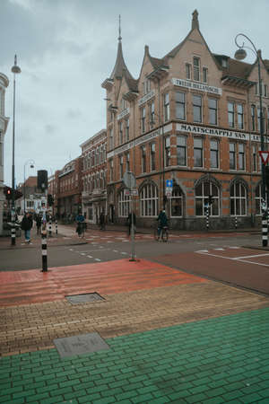 Haarlem, Netherlands - March 6, 2020: People are walking on the street in Haarlem city center old townのeditorial素材