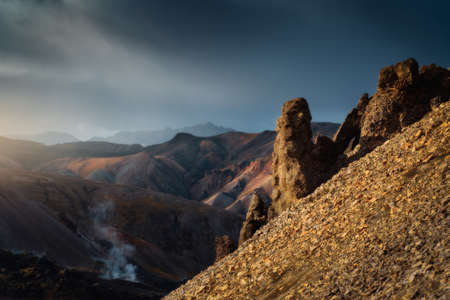 Landmannalaugar colorful rhyolite mountains in Iceland. Beautiful nature landscape in the sunsetの写真素材