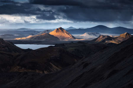 Landmannalaugar colorful rhyolite mountains in Iceland. Beautiful nature landscape in the sunsetの写真素材