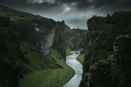 Canyon Fjadrargljufur valley landscape in South Iceland. Famous tourism destinationの写真素材