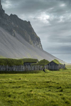 Viking Village near Vestrahorn mountain at Stokksnes headland coast in East Icelandの写真素材