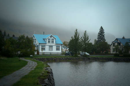 Seydisfjordur town in East Iceland in rainy dayの写真素材