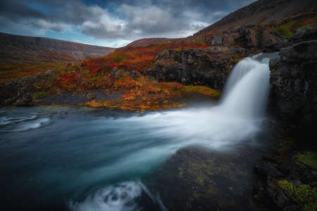 Gongumannafoss waterfall near Dynjandi waterfall in The Westfjords region in north Iceland. Beautiful nature icelandic landscapeの写真素材