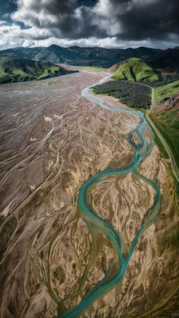 Aerial drone view of melting glacier river and lava fields in South Iceland. Icelandic nature backgroundの写真素材