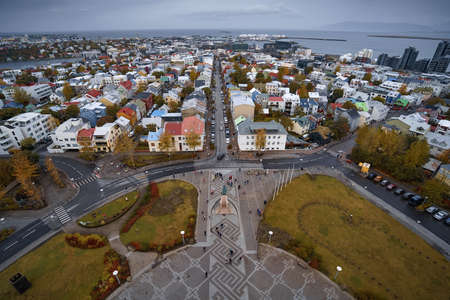 Panorama aerial view of Reykjavik city, Iceland. Urban cityscape from aboveの写真素材