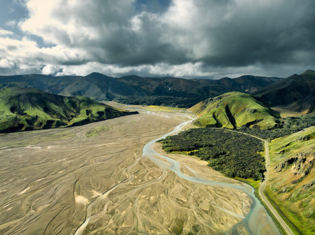 Landmannalaugar in Fjallabak natural reserve, Iceland. Beautiful nature landscape, aerial drone view...
