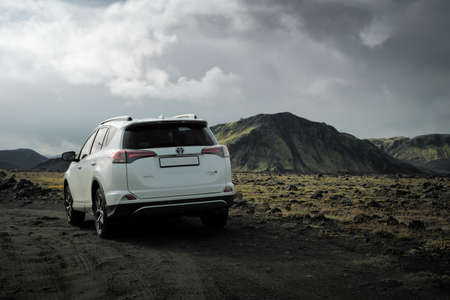Southern Region, Iceland - September 9, 2019: White car Toyota RAV4 is parked at countryside off road in Southern Region, Iceland. Rental carのeditorial素材
