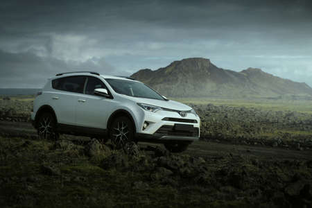 Southern Region, Iceland - September 9, 2019: White car Toyota RAV4 is parked at countryside off road in Southern Region, Iceland. Rental carのeditorial素材