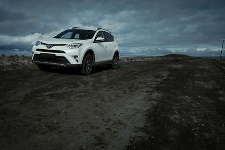 Southern Region, Iceland - September 9, 2019: White car Toyota RAV4 is parked at countryside off road in Southern Region, Iceland. Rental carのeditorial素材