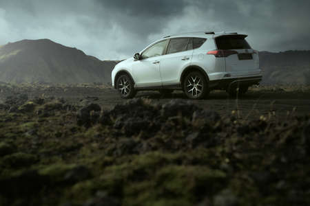 Southern Region, Iceland - September 9, 2019: White car Toyota RAV4 is parked at countryside off road in Southern Region, Iceland. Rental carのeditorial素材