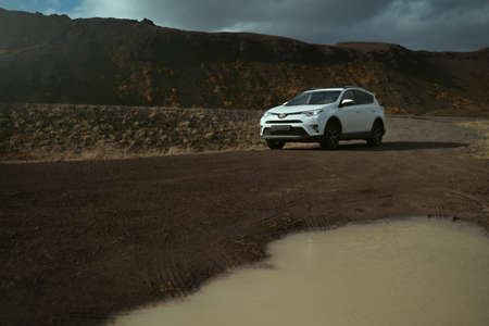 Southern Region, Iceland - September 13, 2019: White car Toyota RAV4 is parked at countryside off road in Iceland. Rental carのeditorial素材