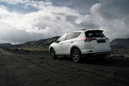 Southern Region, Iceland - September 9, 2019: White car Toyota RAV4 is parked at countryside off road in Southern Region, Iceland. Rental carのeditorial素材