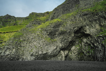 Halsanefshellir Cave at Reynisfjara Black Sand Beach landscape in South Iceland near Vik villageの写真素材