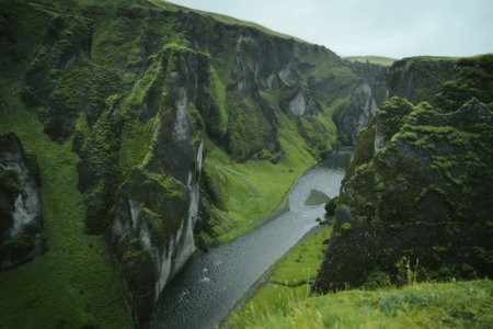 Canyon Fjadrargljufur valley landscape in South Iceland. Famous tourism destinationの写真素材