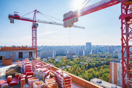 Crane construction site working background. Concrete residential skyscrapers buildings in city