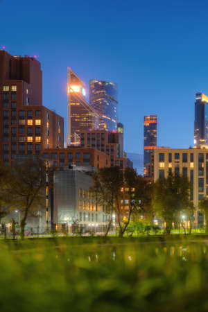 Moscow city in Russia at night. Park Krasnogvardeyskiye Prudy (pond Krasnogvardeyskiy)の写真素材