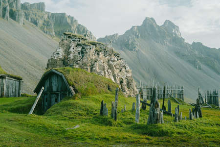 Viking Village near Vestrahorn mountain at Stokksnes headland coast in East Icelandの写真素材
