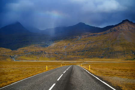 Iceland travel. Drive car on road. View from the inside. Beautiful nature icelandic landscapeの写真素材