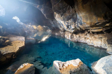 Grjotagja Cave near lake Myvatn in Northeast Icelandの写真素材