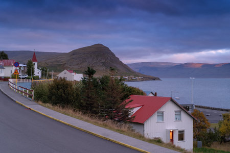 Patreksfjordur town in the dusk, West Fjords or The Westfjords region in north Icelandの写真素材